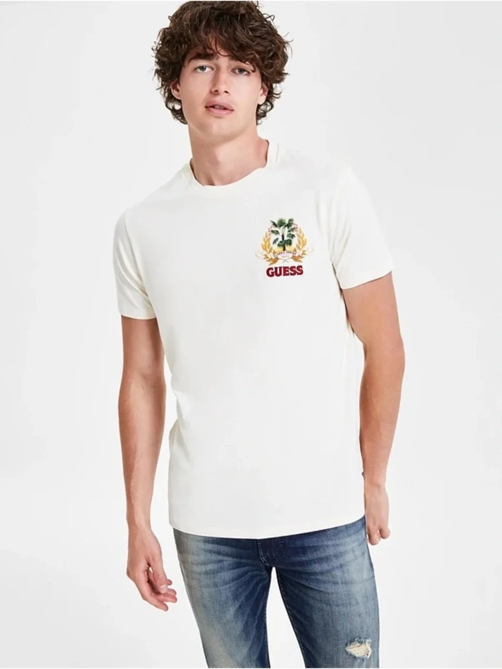 New GUESS White Short-Sleeve Tee with Tropical Crest Graphic SZ L - Picture 3 of 9